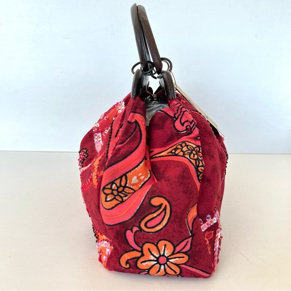 MYSTIQUE Burgundy Paisley Sequence Beaded Wood Handles Vintage Style Handbag NWT - Picture 4 of 14